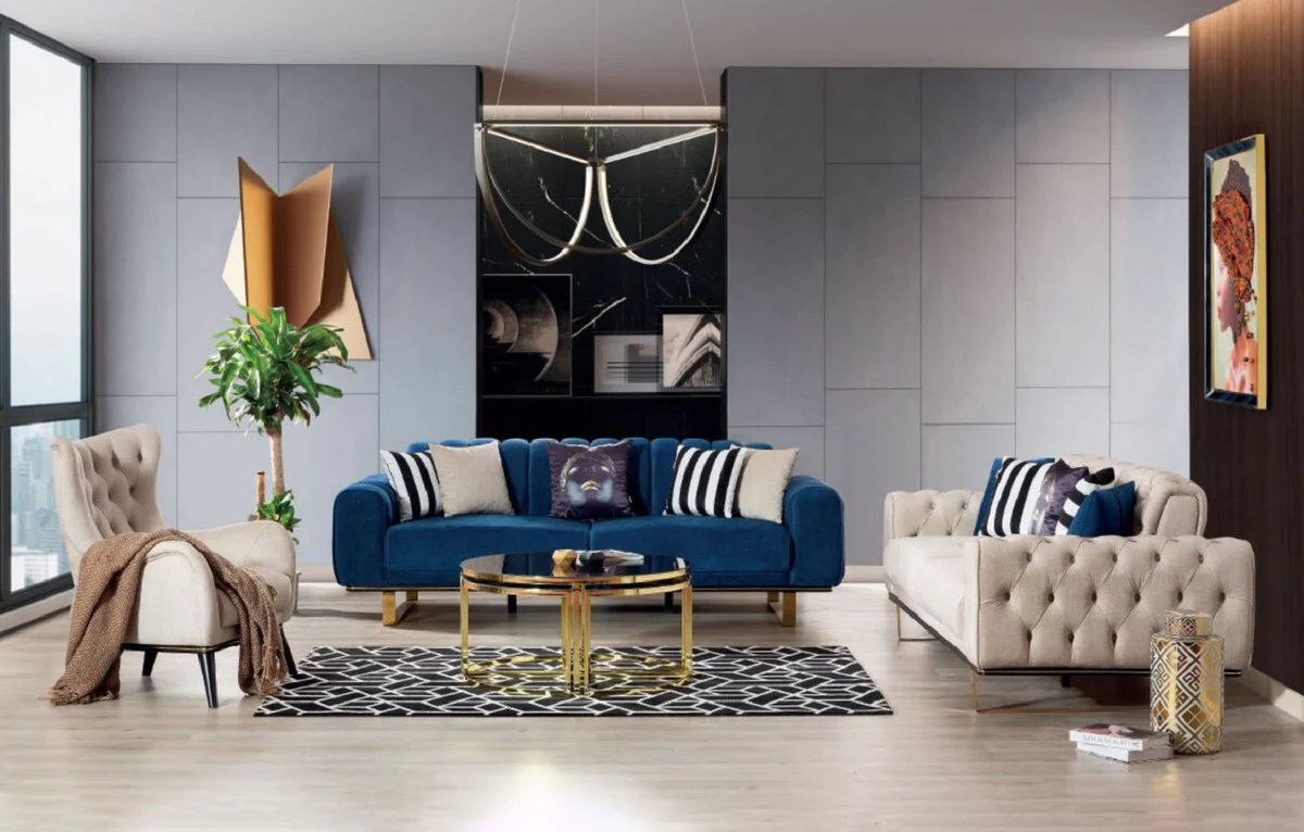 Luxus Sofa Blau / Schwarz / Gold 240 x 100 x H. 85 cm - Modernes Wohnzimmer Sofa - Luxus Wohnzimmer Möbel