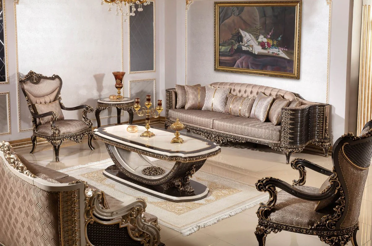 Luxus Barock Couchtisch Creme / Dunkelbraun / Gold 168 cm