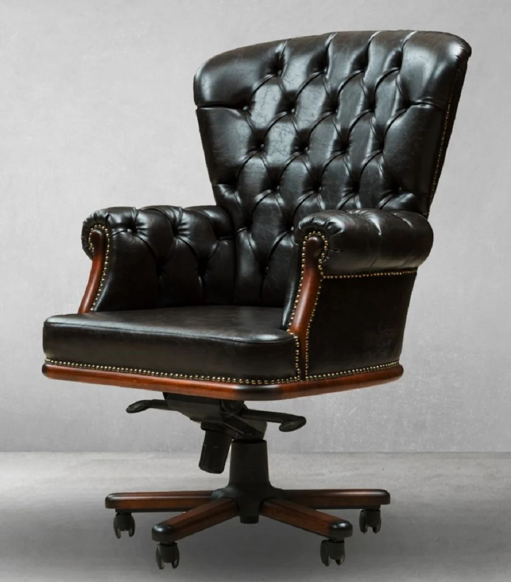 Luxus Chesterfield Schreibtischstuhl Vintage Schwarz / Braun 84 x 93 x H. 114 cm - Höhenverstellbarer Kunstleder Bürostuhl - Büro Möbel - Chesterfield Möbel - Luxus Möbel