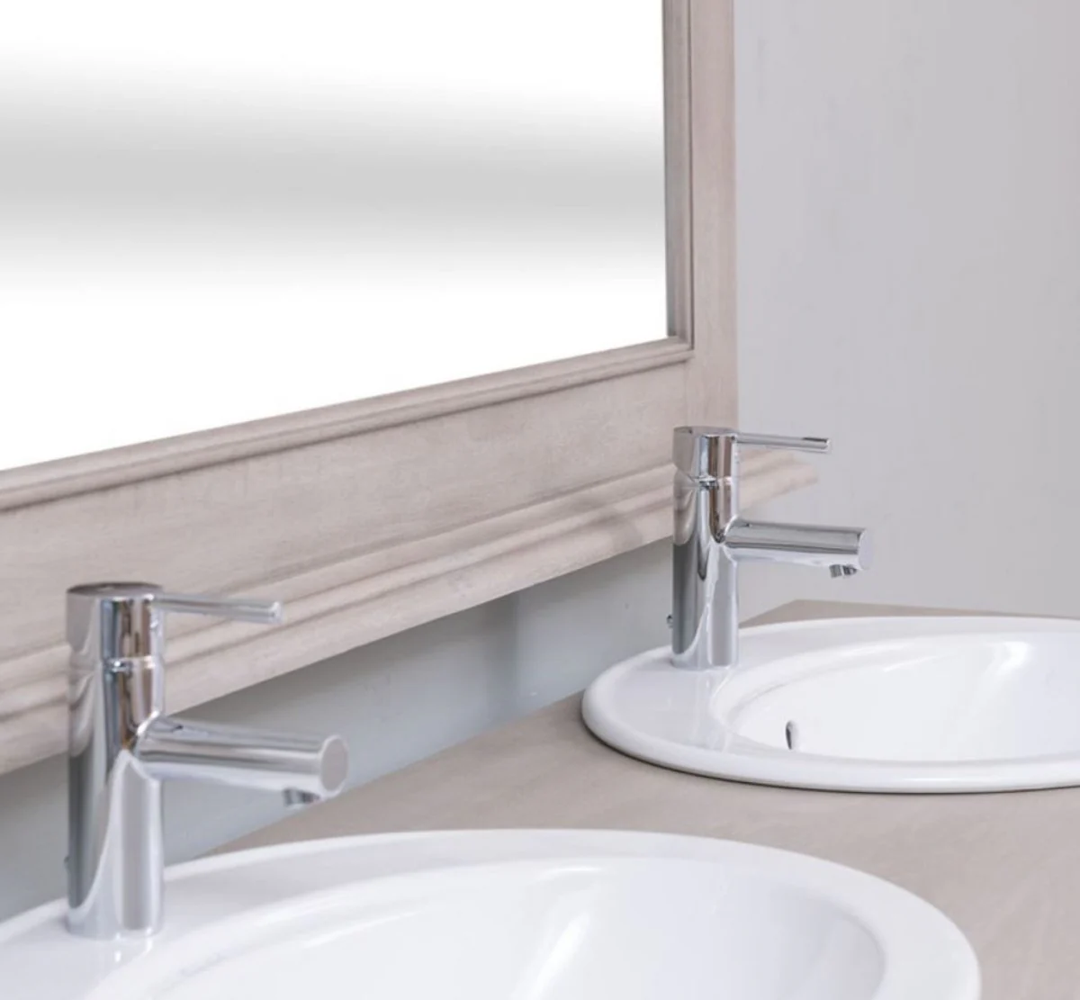 Landhausstil Badezimmer Set Grau - 1 Doppelwaschtisch & 2 Waschbecken & 2 Wasserhähne & 1 Wandspiegel - Massivholz Badezimmermöbel im Landhausstil