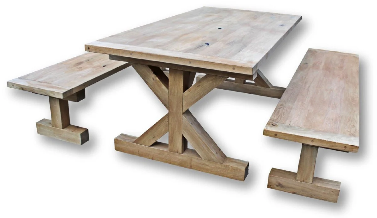 Massivholz Esszimmer Set Naturfarben - Eichenholz Esstisch mit 2 Sitzbänken - Esszimmmer Möbel - Restaurant Möbel - Rustikale Eichenholz Möbel