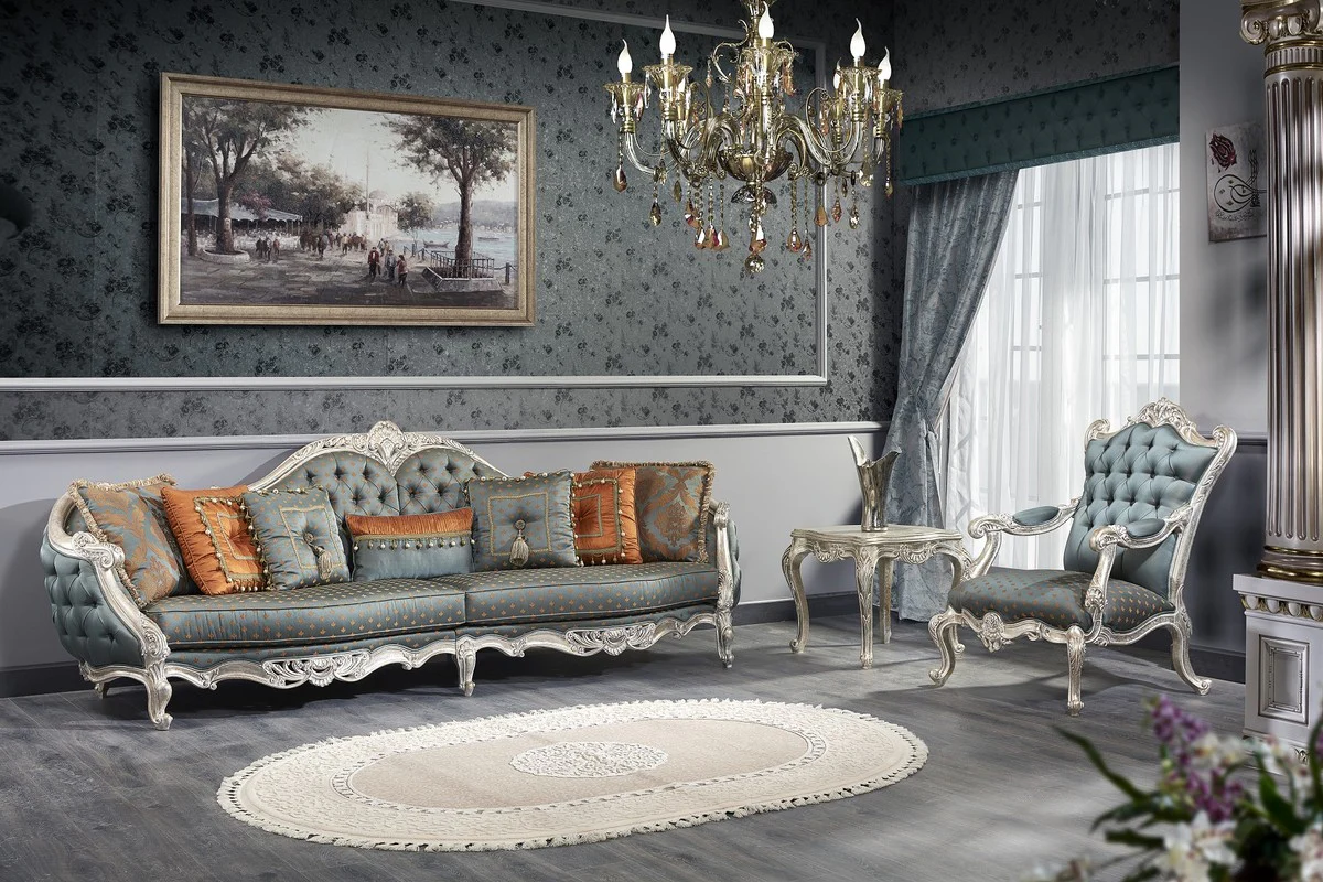 Luxus Barock Wohnzimmer Set - 1 Chesterfield Sofa & 1 Chesterfield Thron Sessel & 1 Beistelltisch - Barock Wohnzimmermöbel