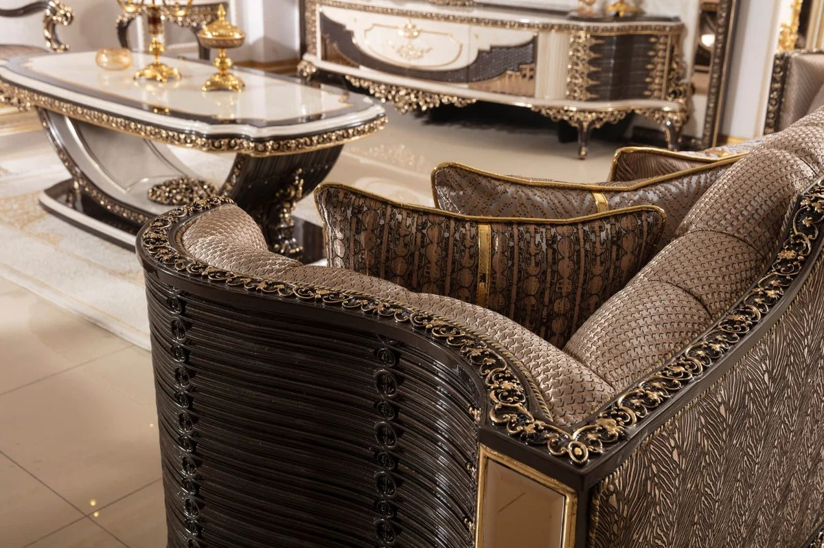 Luxus Barock Sofa Grau / Dunkelbraun / Gold 282 cm
