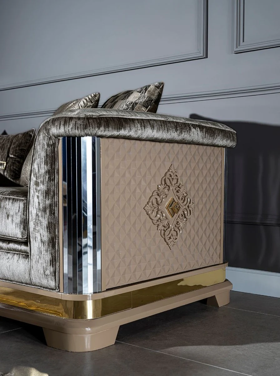 Luxus Art Deco Sofa Silber / Schwarz / Beige / Gold 249 x 93 x H. 72 cm - Wohnzimmer Sofa mit dekorativen Kissen - Art Deco Wohnzimmer Möbel