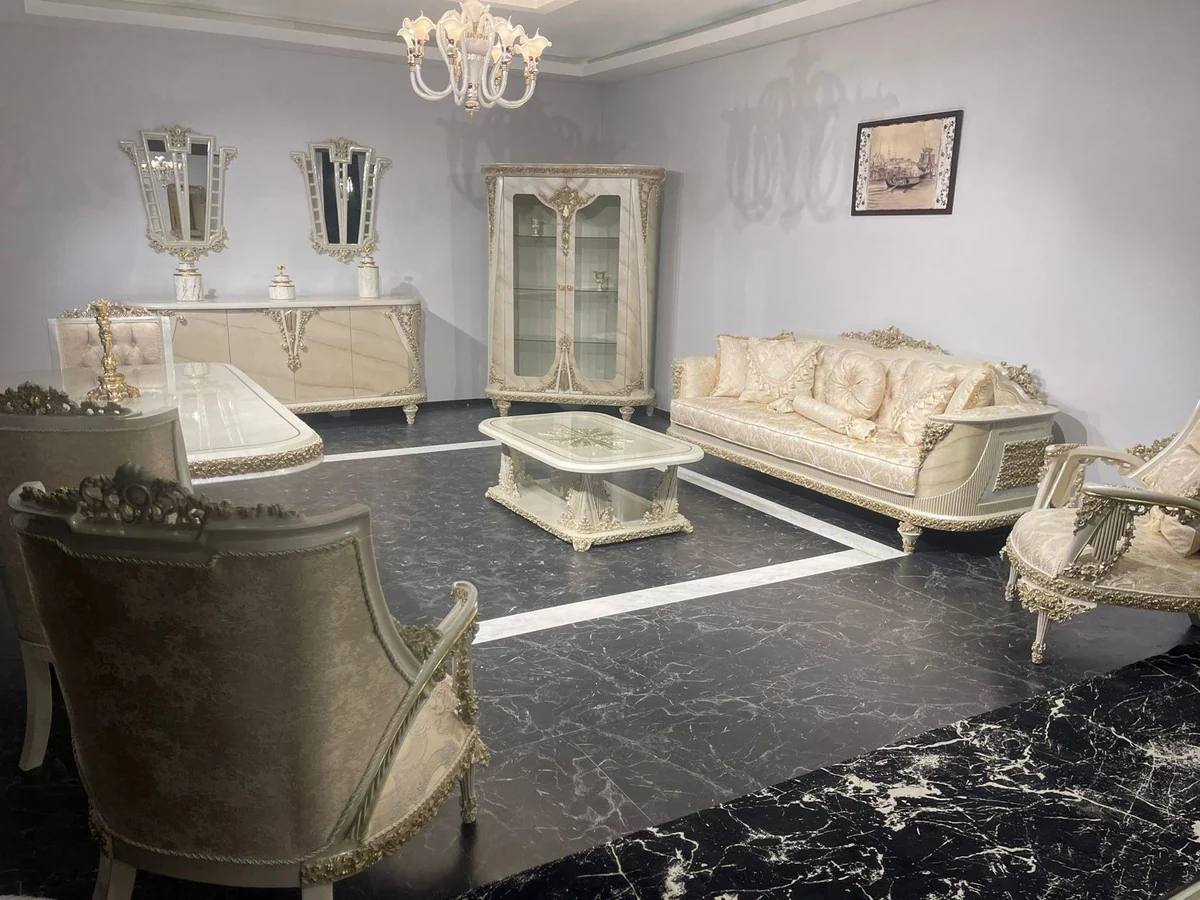 Luxus Barock Vitrine Beige / Grau / Gold - Prunkvoller Massivholz Vitrinenschrank mit 2 Glastüren - Luxus Möbel im Barockstil - Barock Möbel - Edel & Prunkvoll