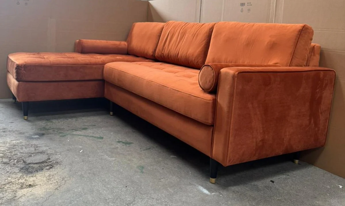 Luxus Ecksofa Orange / Schwarz / Messing 265 cm - Wohnzimmer Möbel