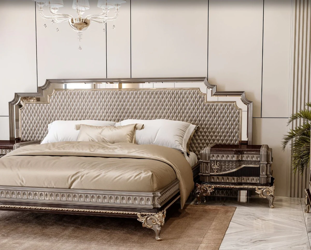 Luxus Barock Doppelbett und 2 Nachtkommoden Grau / Dunkelbraun / Gold