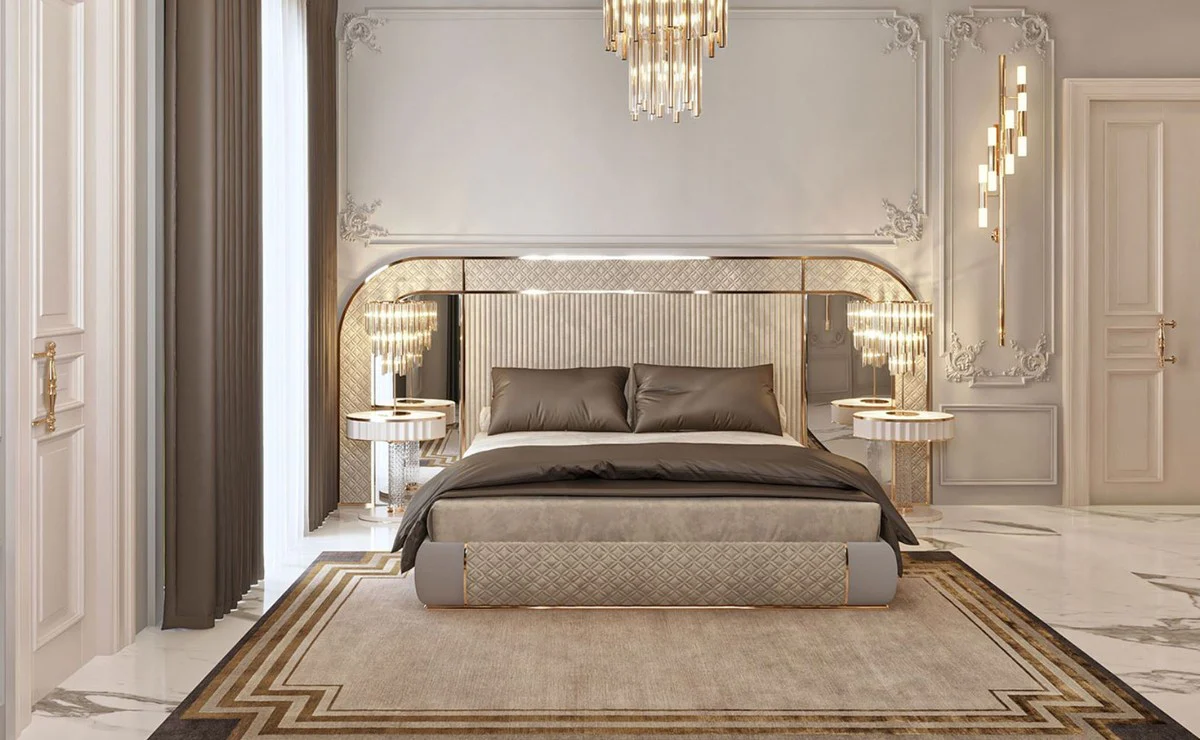 Luxus Art Deco Nachtkommode Weiß / Grau / Gold 60 x 45 x H. 66 cm - Nachttisch mit Schublade und Kunstmarmor Platte - Art Deco Schlafzimmer Möbel - Luxus Schlafzimmer Möbel