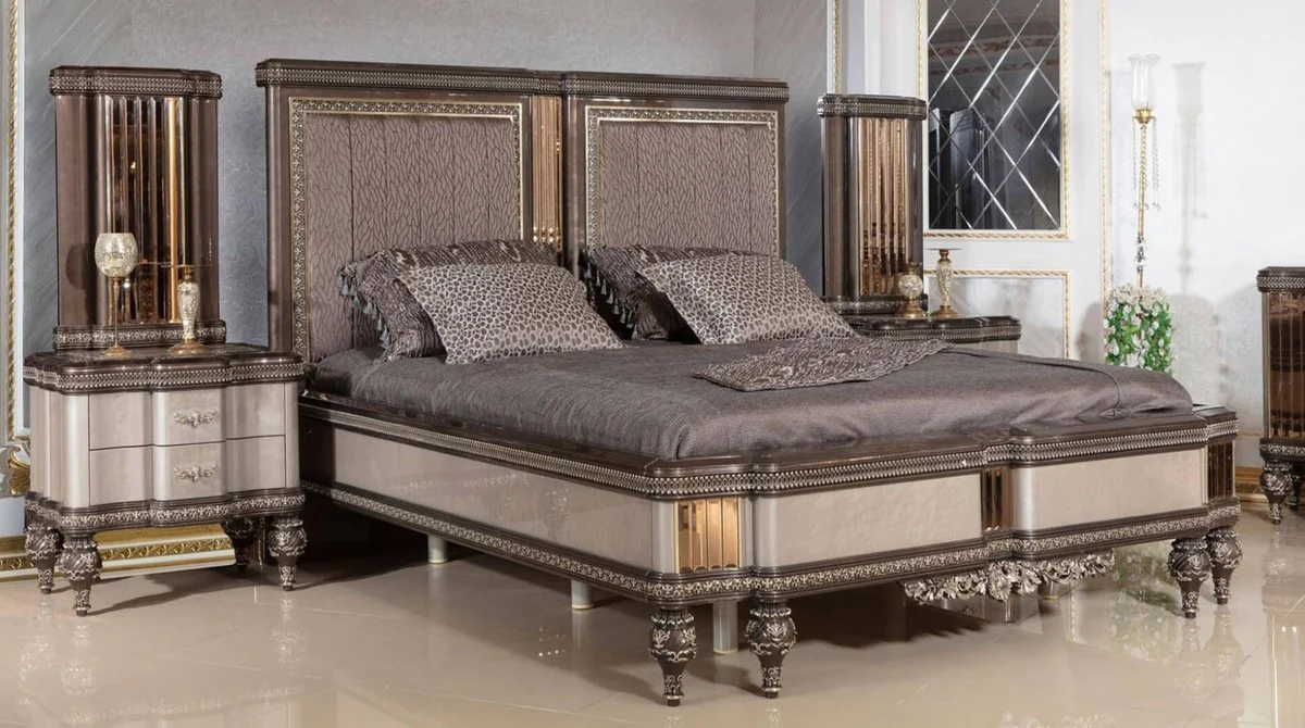 Luxus Barock Nachtkommode Grau / Schwarz / Gold - Prunkvoller Barockstil Nachttisch mit 2 Schubladen - Luxus Schlafzimmer Möbel im Barockstil - Barock Möbel - Barock Interior