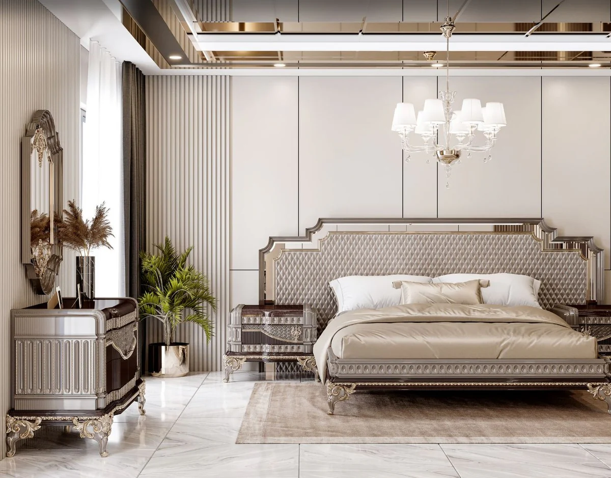 Luxus Barock Kommode mit Wandspiegel Dunkelbraun / Grau / Gold