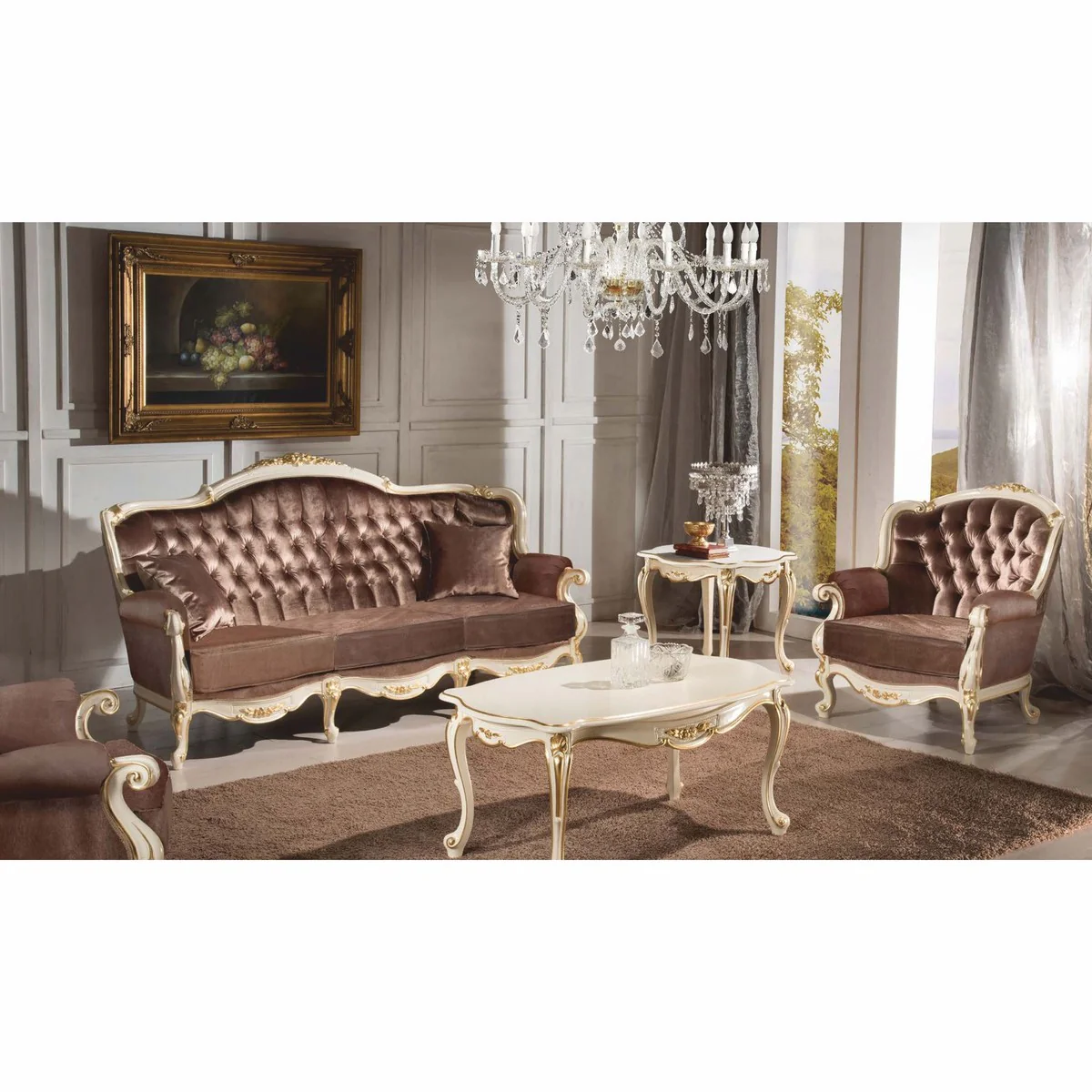 Luxus Barock Samt Sofa Braun / Weiß / Gold 194 cm - Barock Möbel - Made in Italy