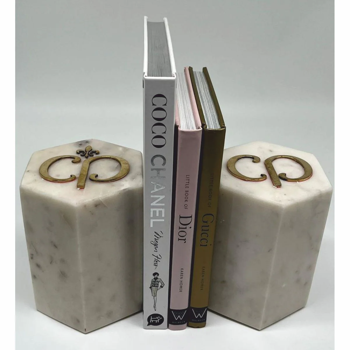 Luxus Marmor Deko Buchstützen Set Weiß / Gold
