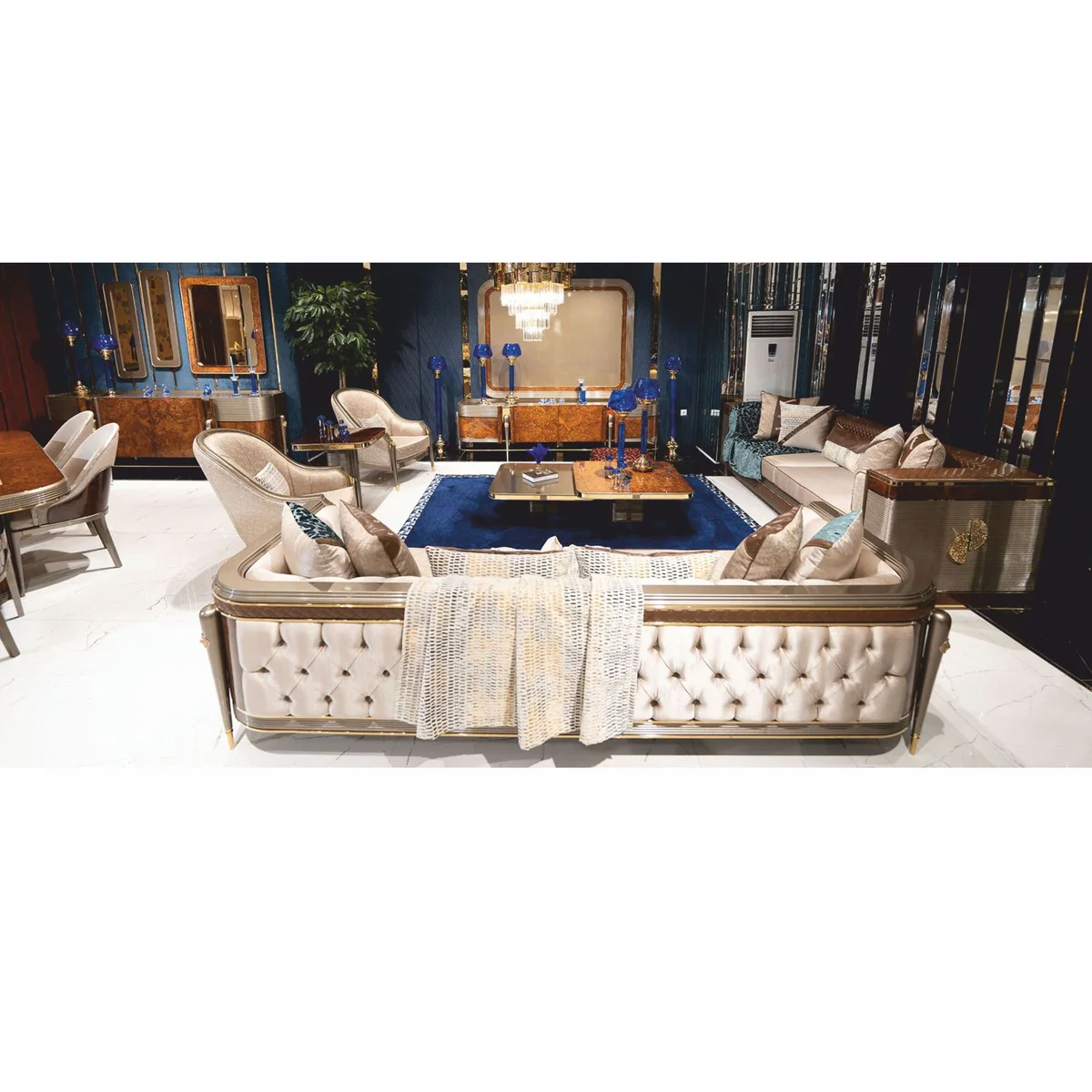 Luxus Sofa Weiß / Braun / Grau / Gold 285 cm - Wohnzimmer & Hotel Möbel