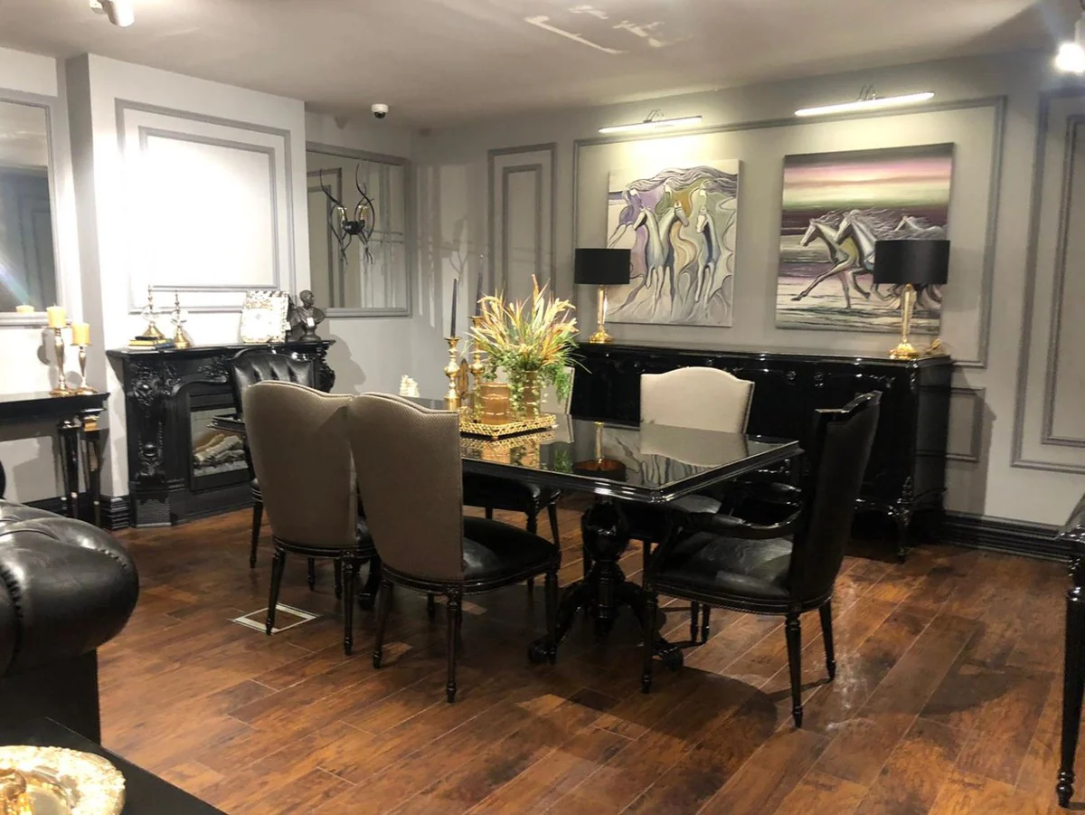 Luxus Barock Esszimmer Set Schwarz / Gold - 1 Esstisch mit Glasplatte & 6 Esszimmerstühle - Edle Esszimmer Möbel im Barockstil