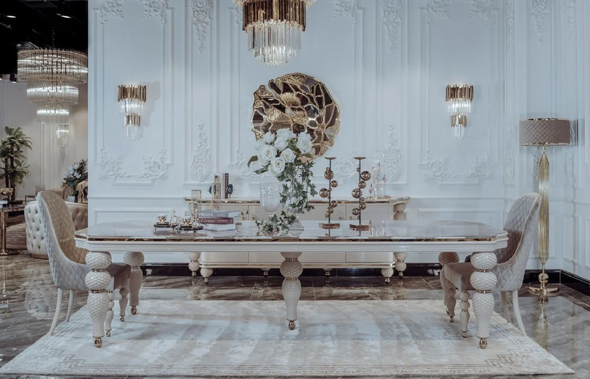 Luxus Art Deco Esszimmer Set Grau / Weiß / Gold - 1 Art Deco Esstisch mit Kunstmarmor Tischplatte & 8 Art Deco Esszimmerstühle - Art Deco Esszimmer Möbel - Luxus Qualität