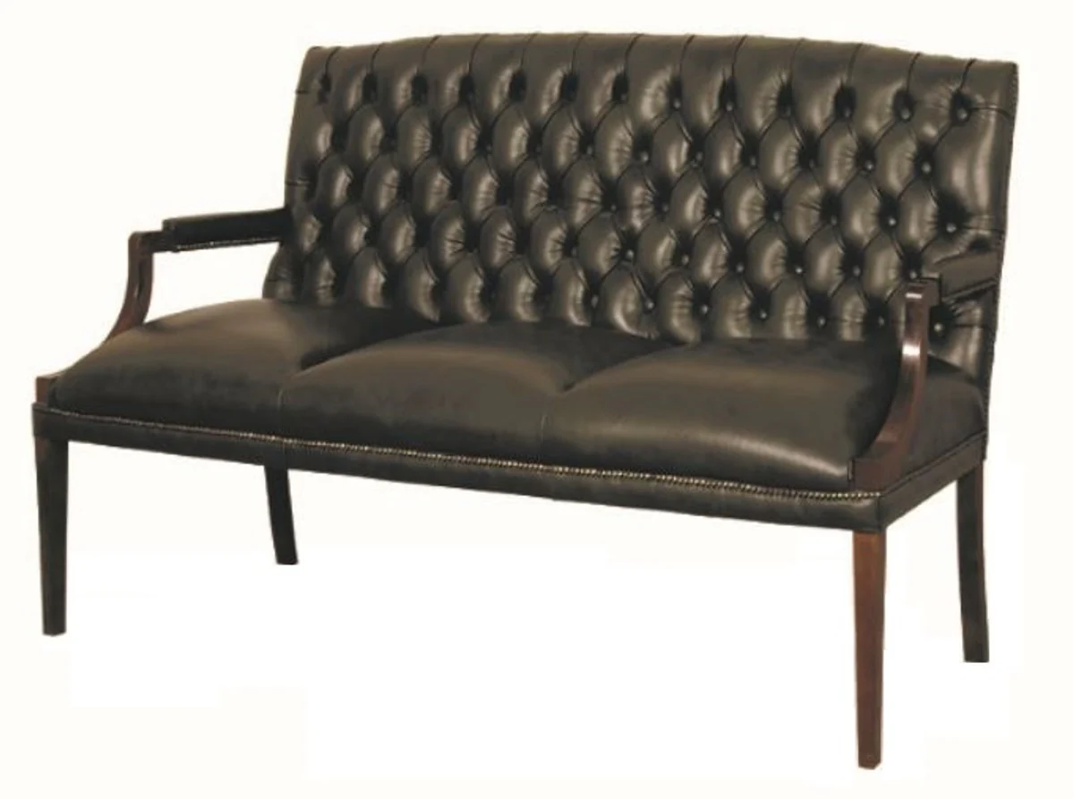 Chesterfield Echtleder 3er Sitzbank mit Armlehnen Schwarz / Dunkelbraun 180 x 60 x H. 100 cm - Luxus Möbel
