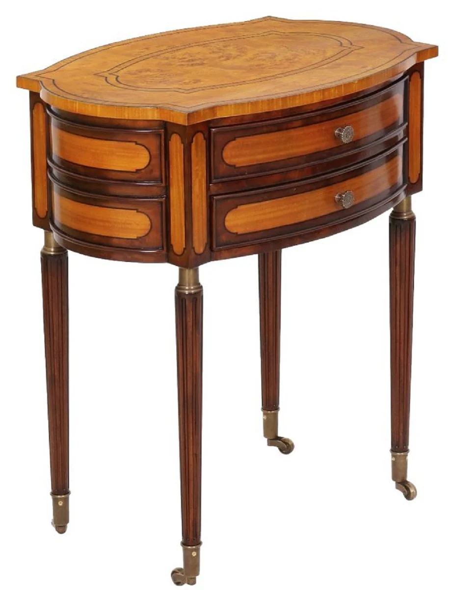 Luxus Jugendstil Nachtkommode Hellbraun / Dunkelbraun - Eleganter Massivholz Nachttisch mit 2 Schubladen und Rollen - Barock & Jugendstil Schlafzimmer Möbel