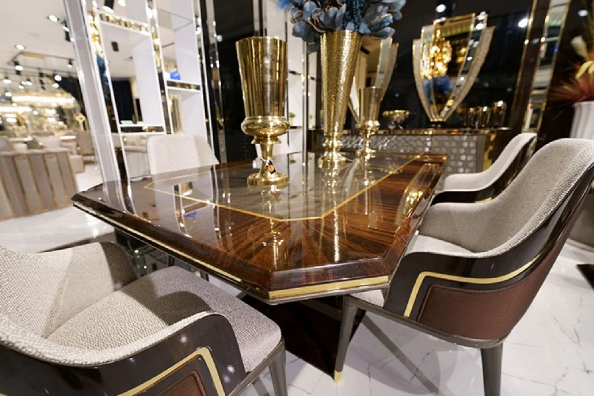 Luxus Esstisch Grau / Braun / Gold 226 x 112 x H. 70 cm - Rechteckiger Massivholz Küchentisch - Esszimmer Möbel - Luxus Möbel - Luxus Kollektion