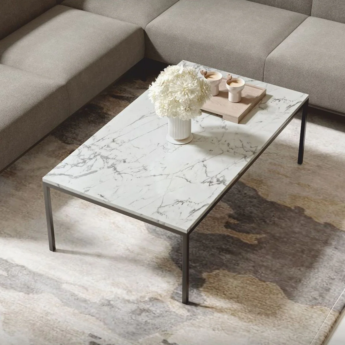 Luxus Couchtisch mit Marmorplatte Weiß / Schwarz 120 cm - Luxus Möbel