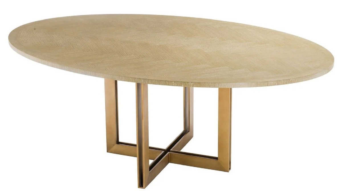 Luxus Esstisch Naturfarben / Messing 200 x 120 x H. 76 cm - Ovaler Küchentisch - Luxus Esszimmer Möbel