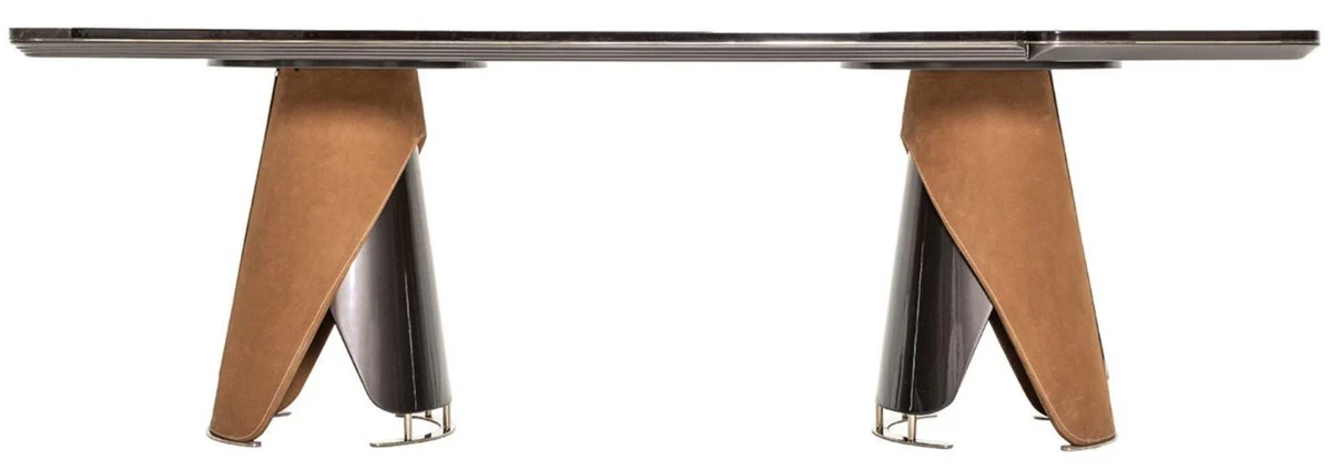 Luxus Esstisch Dunkelbraun / Grau / Hellbraun / Gold 240 x 113 x H. 79,5 cm - Massivholz Esszimmertisch mit Tischplatte in Marmoroptik - Esszimmer Möbel - Luxus Möbel