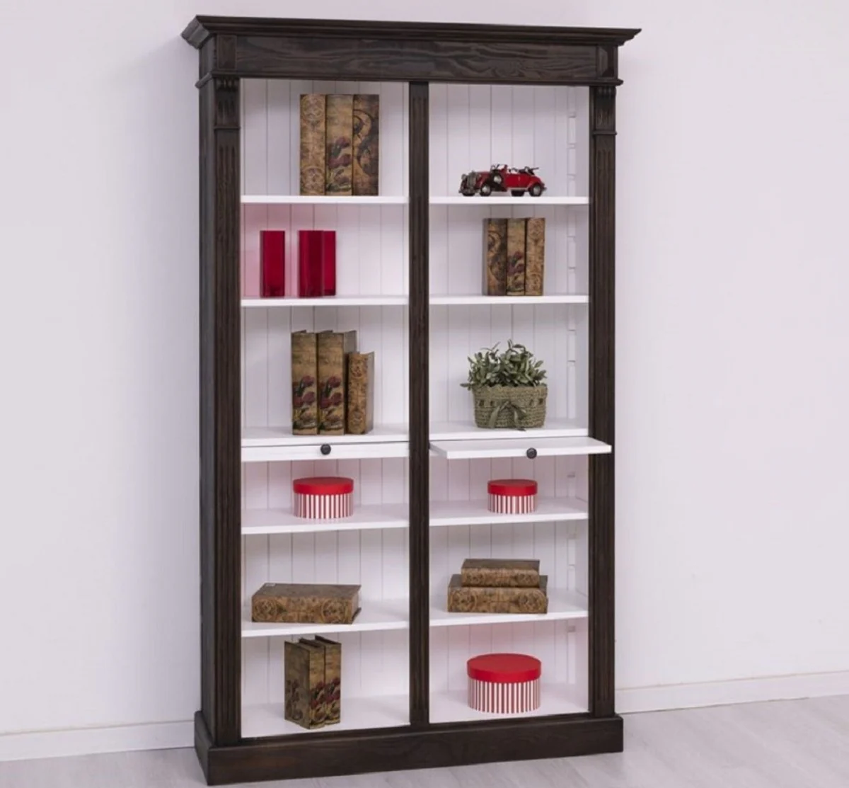 Landhausstil Bücherschrank Schwarz / Weiß 120 x 37 x H. 197 cm - Massivholz Schrank - Regalschrank - Wohnzimmerschrank - Landhausstil Möbel