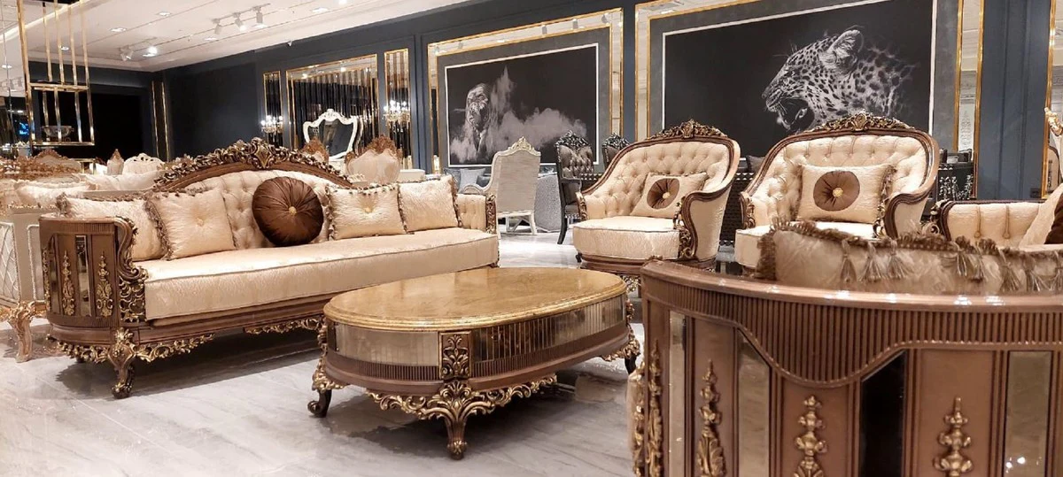 Luxus Barock Couchtisch Antik Gold / Braun / Gold - Ovaler Massivholz Wohnzimmertisch im Barockstil - Wohnzimmer Möbel im Barockstil - Barock Möbel - Edel & Prunkvoll