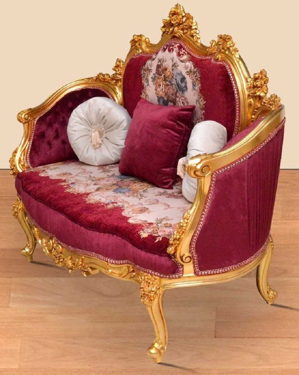Barock Sofa Bordeauxrot / Mehrfarbig / Gold - Handgefertigtes Wohnzimmer Sofa im Barockstil - Prunkvolle Barock Wohnzimmer Möbel