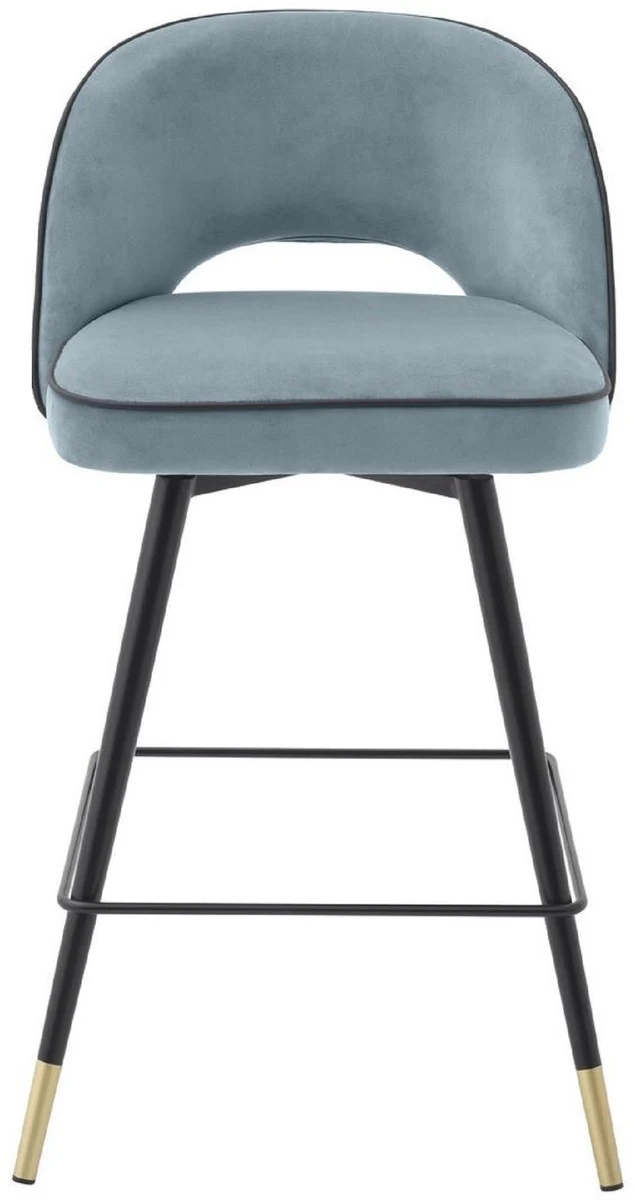 Luxus Barstuhl Set Blau / Schwarz / Messingfarben 51 x 52 x H. 92,5 cm - Barstühle mit drehbarer Sitzfläche und edlem Samtsoff - Luxus Bar Möbel