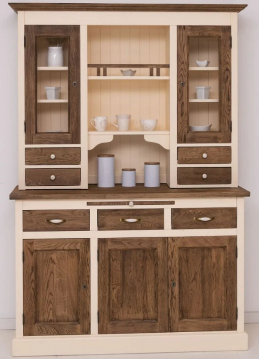 Landhausstil Esszimmerschrank Creme / Dunkelbraun 137 x 50 x H. 197 cm - Massivholz Küchenschrank - Esszimmer Möbel im Landhausstil - Landhausstil Esszimmer Einrichtung