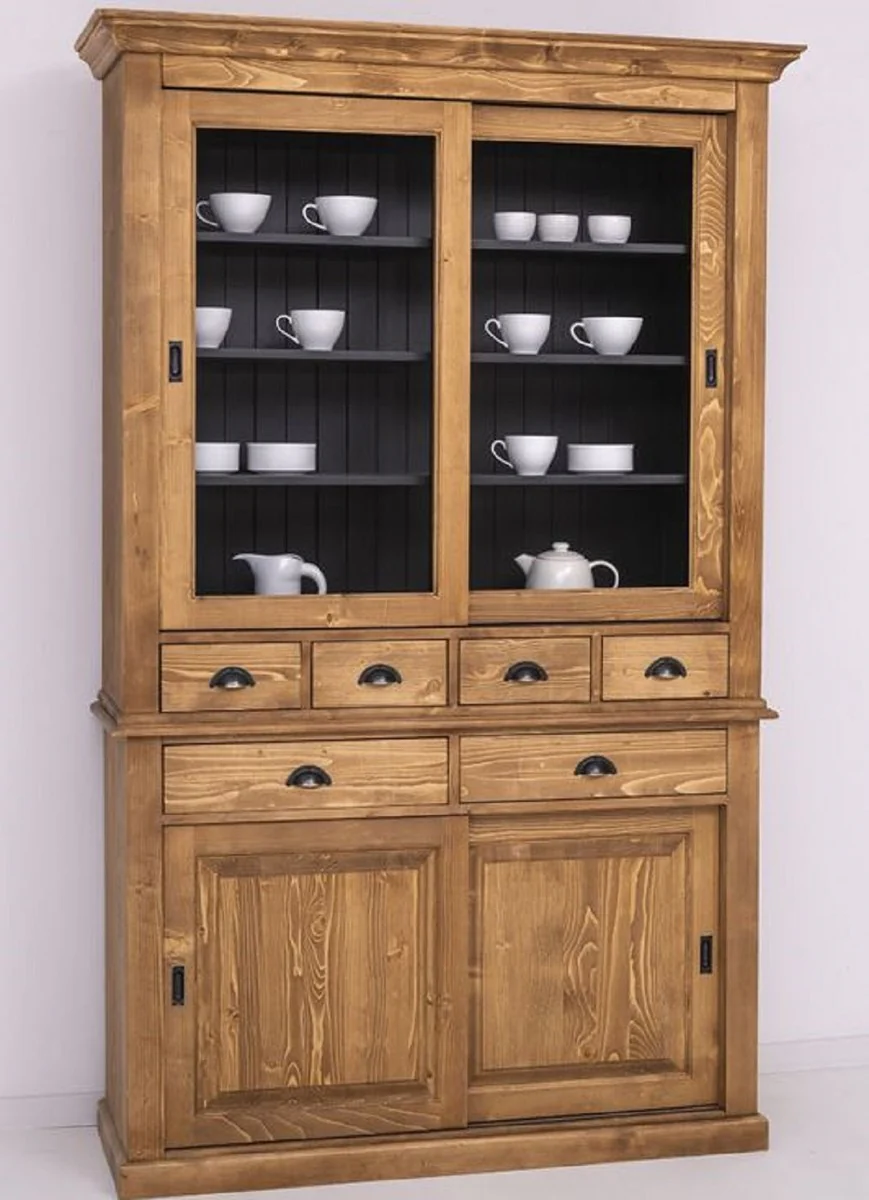 Landhausstil Esszimmerschrank Braun / schwarz 142 x 48 x H. 225 cm - Massivholz Küchenschrank - Landhausstil Esszimmer Möbel