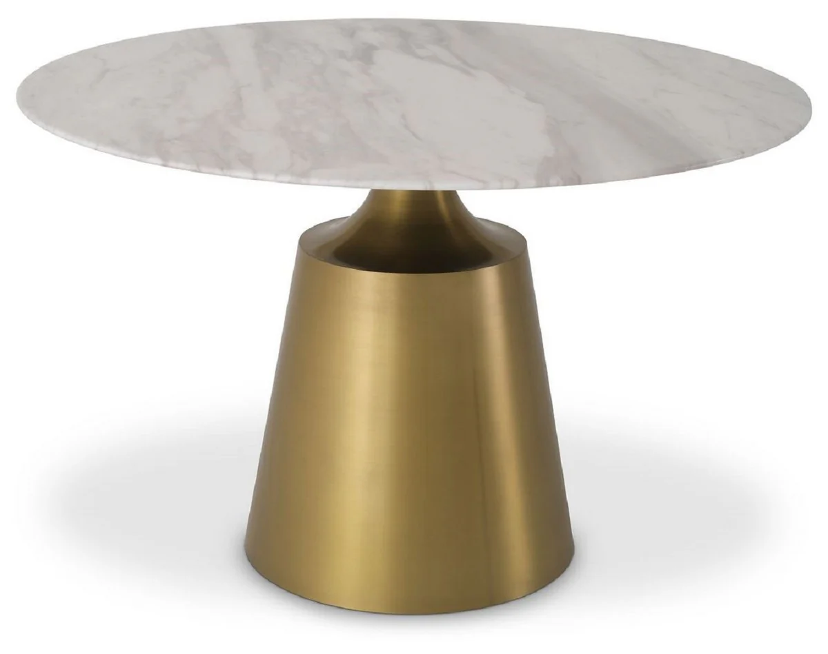Luxus Esstisch Weiß / Messingfarben Ø 120 x H. 77 cm - Runder Esszimmertisch mit Marmorplatte - Esszimmer Möbel - Luxus Qualität