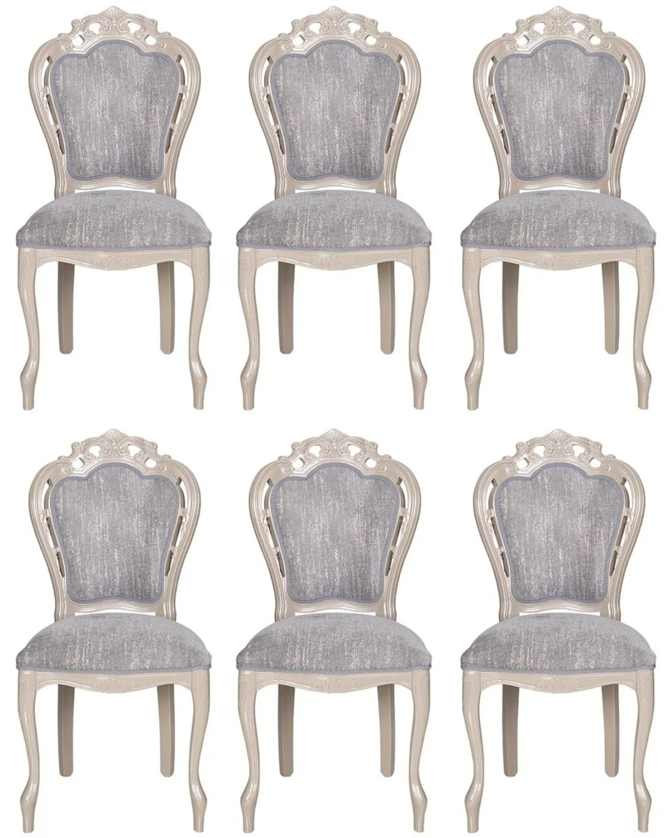 Luxus Barock Esszimmer Stuhl 6er Set Grau / Hochglanz Beige 49,5 x 57 x H. 102,5 cm - Barockstil Küchen Stühle - Prunkvolle Luxus Esszimmer Möbel im Barockstil - Edel & Prunkvoll