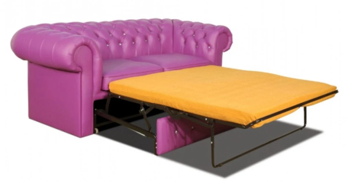 Echtleder 2er Sofa in violett mit Swarowski Kristallsteinen 180 x 100 x H. 78 cm - Luxus Chesterfield Schlafsofa