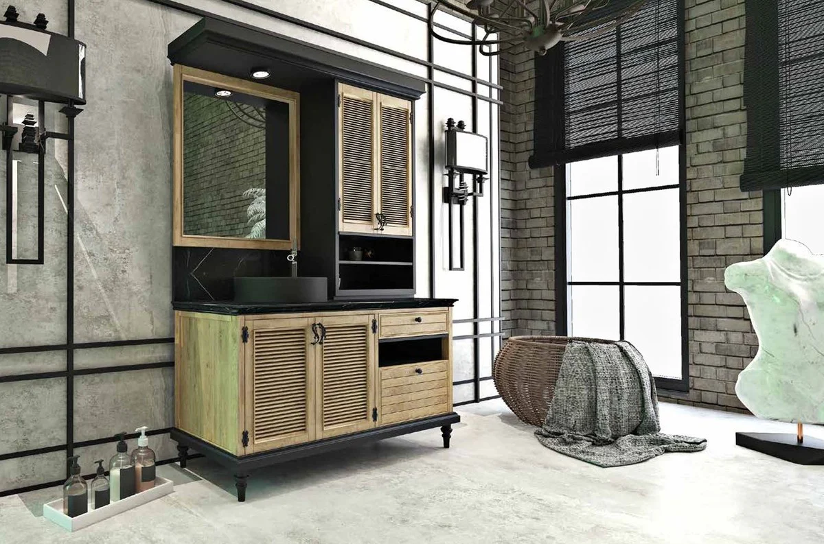 Luxus Landhausstil Badezimmer Set Naturfarben / Schwarz - Beleuchteter Waschtisch mit 4 Türen und 2 Schubladen und 1 Waschbecken und 1 Wandspiegel - Landhausstil Badezimmermöbel