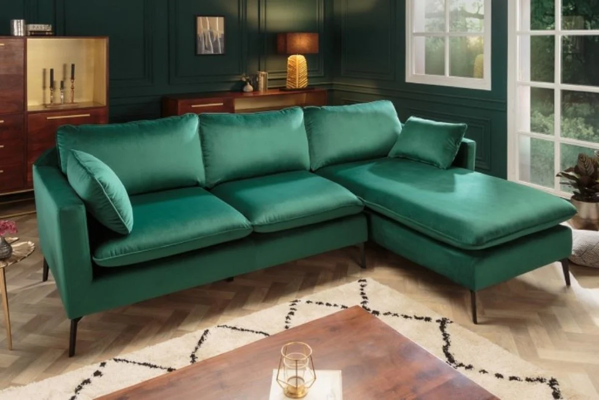 Samt Ecksofa Smaragdgrün / Schwarz 260 x 160 x H. 93 cm - Wohnzimmer Sofa mit Kissen im Retro Style - Wohnzimmer Möbel