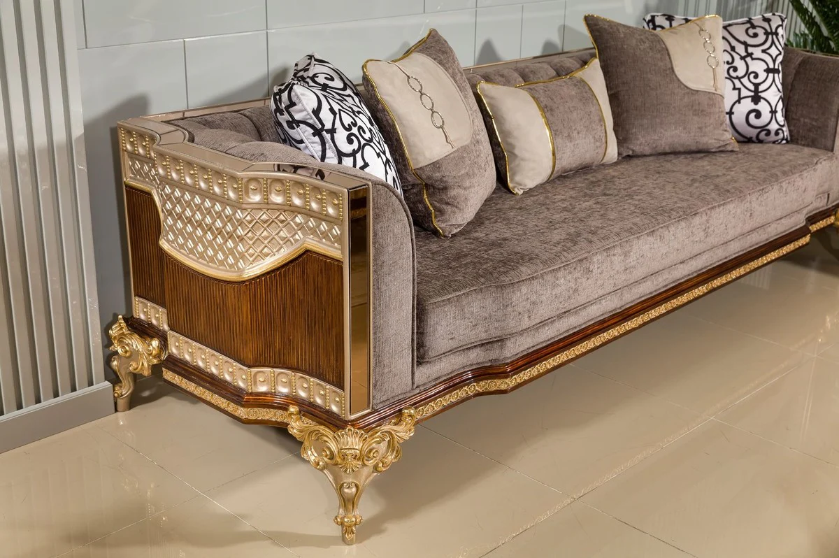 Luxus Barock Sofa Grau / Dunkelbraun / Gold 265 cm - Barock Möbel