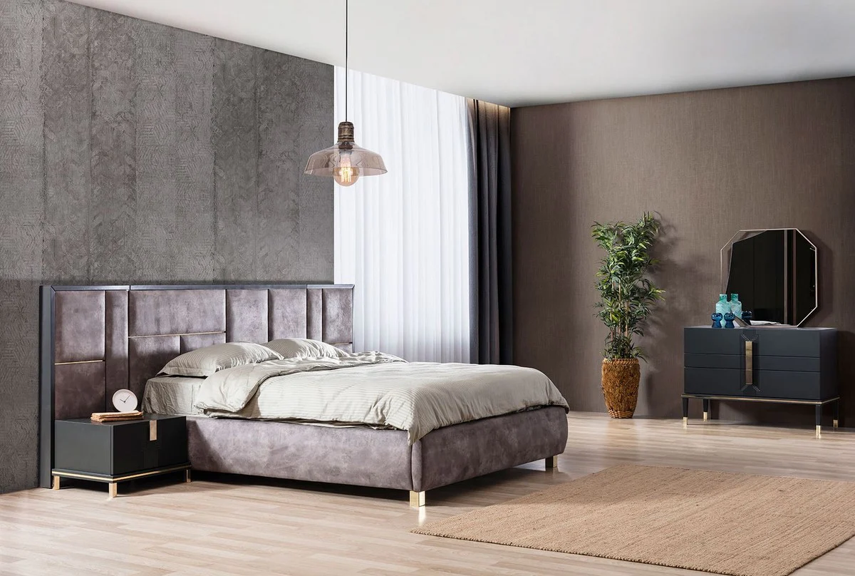 Luxus Massivholz Schlafzimmer Set Lila / Schwarz / Gold - 1 Doppelbett mit Kopfteil & 2 Nachttische - Luxus Schlafzimmer Möbel