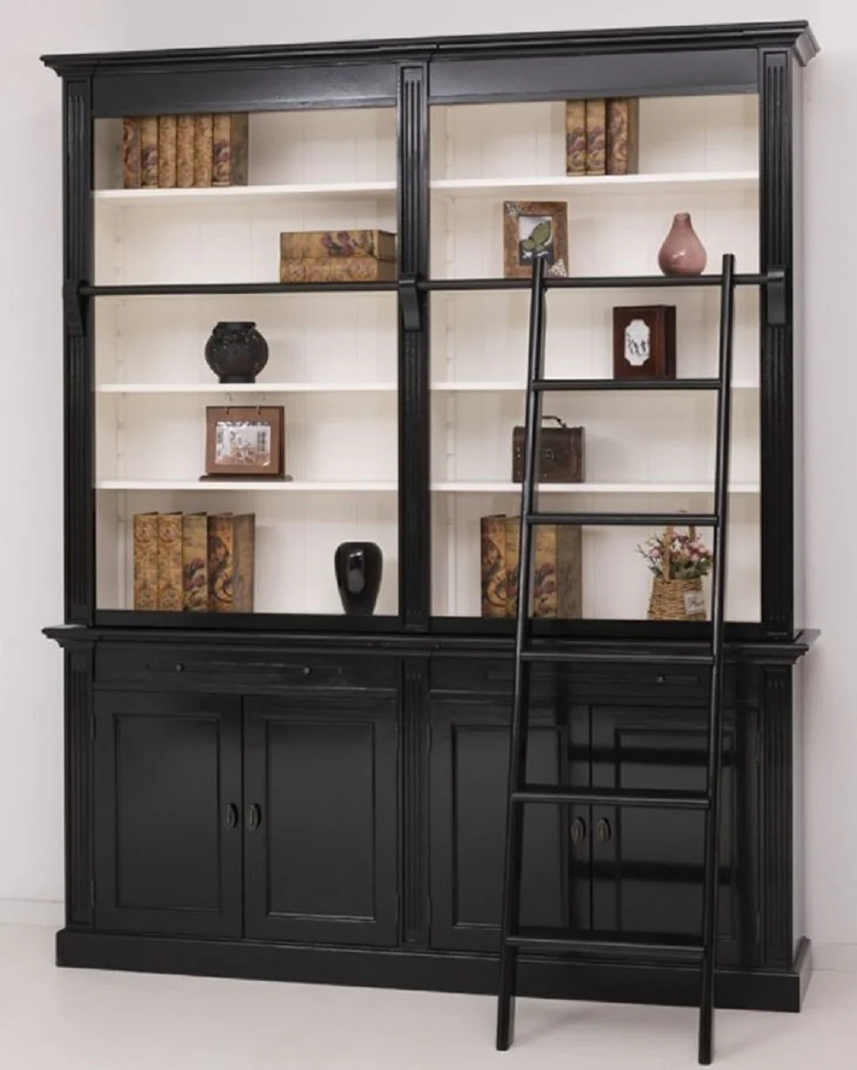 Landhausstil Bücherschrank mit Leiter Schwarz / Weiß 200 x 40 x H. 240 cm - Massivholz Schrank - Wohnzimmerschrank - Regalschrank - Büroschrank - Landhausstil Möbel