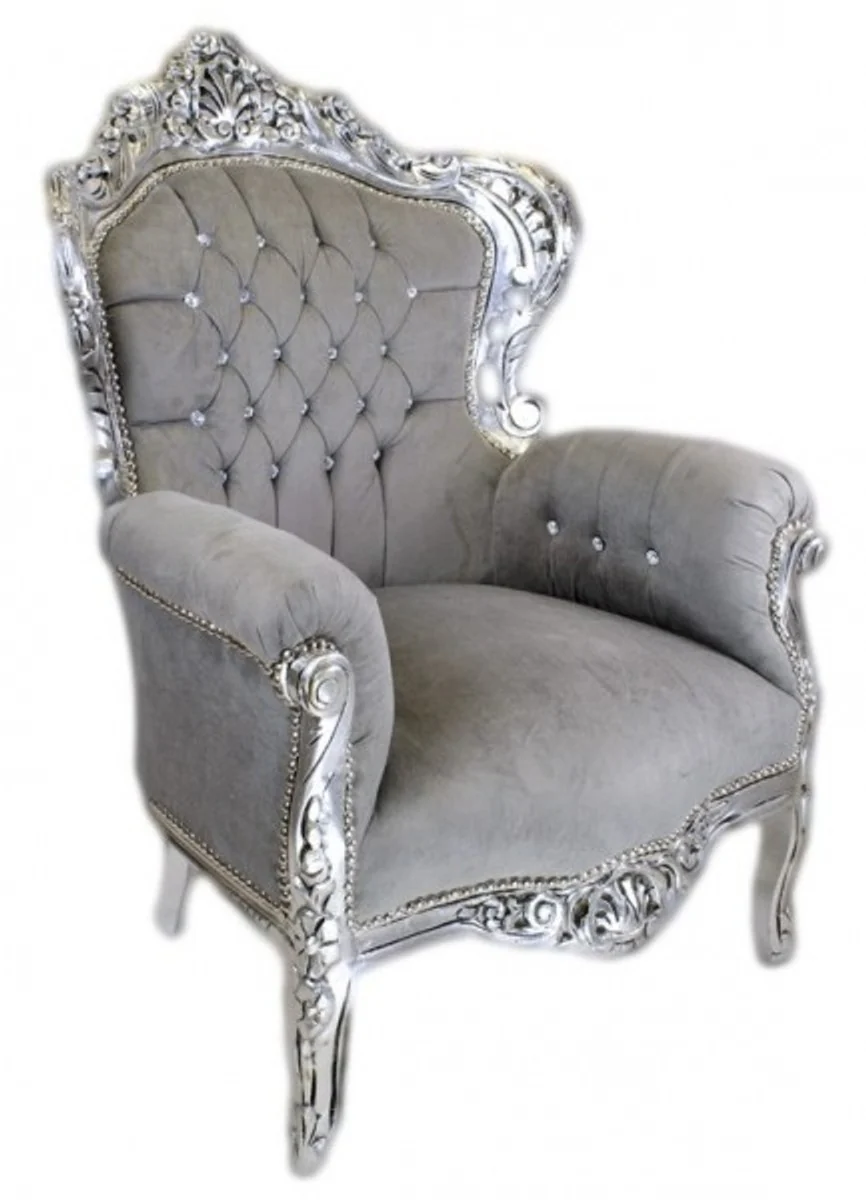Barock Sessel King Grau Samtstoff / Silber mit Bling Bling Glitzersteinen