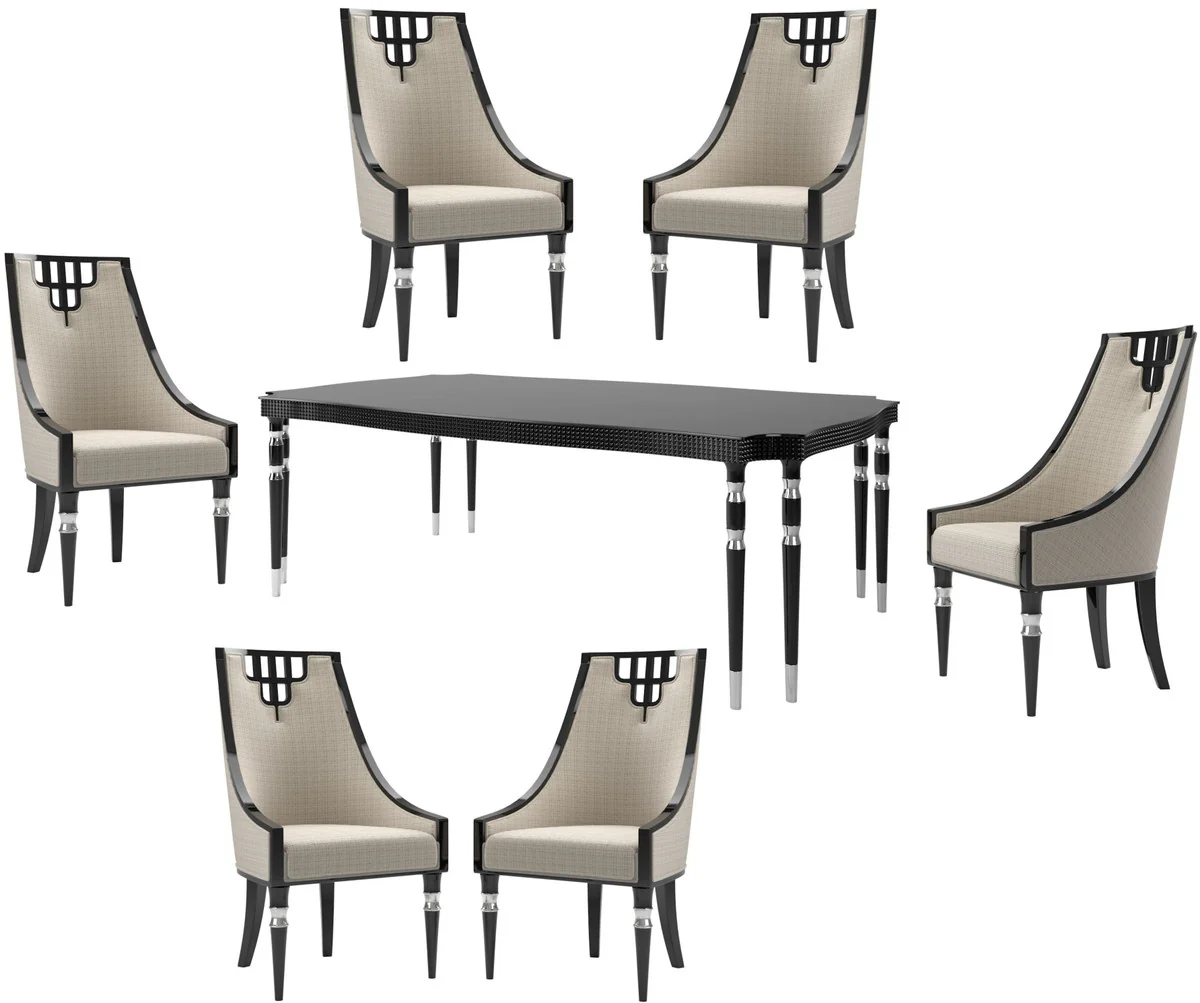 Luxus Art Deco Esszimmer Set Beige / Schwarz / Silber - 1 Esszimmertisch & 6 Esszimmerstühle - Art Deco Esszimmer Möbel - Luxus Qualität