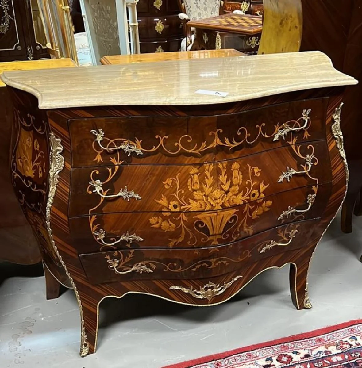 Barock Kommode Dunkelbraun / Braun Intarsien / Gold / Cremefarben - Handgefertigte Massivholz Kommode mit 4 Schubladen und Marmorplatte - Barock Möbel