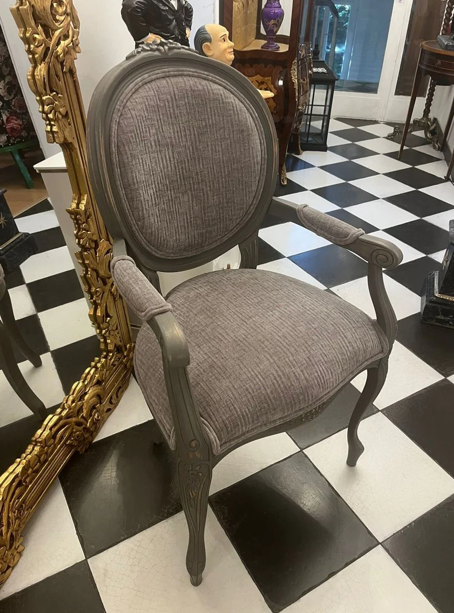 Luxus Barock Esszimmer Stuhl mit Armlehnen Grau / Antik Grau - Barock Möbel