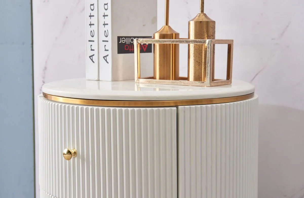 Luxus Beistelltisch Weiß / Messingfarben / Gold Ø 50 x H. 58 cm - Runder Nachttisch mit 2 Schubladen - Moderne Möbel
