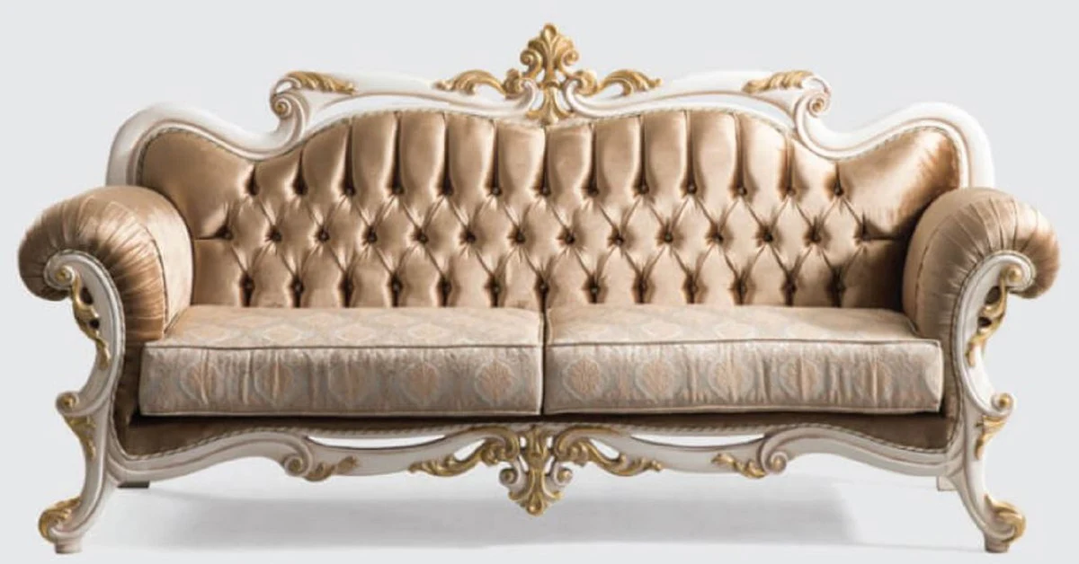 Luxus Barock Sofa Braun / Silber / Weiß / Gold - Handgefertigtes Wohnzimmer Sofa mit elegantem Muster - Barock Wohnzimmer Möbel - Edel & Prunkvoll