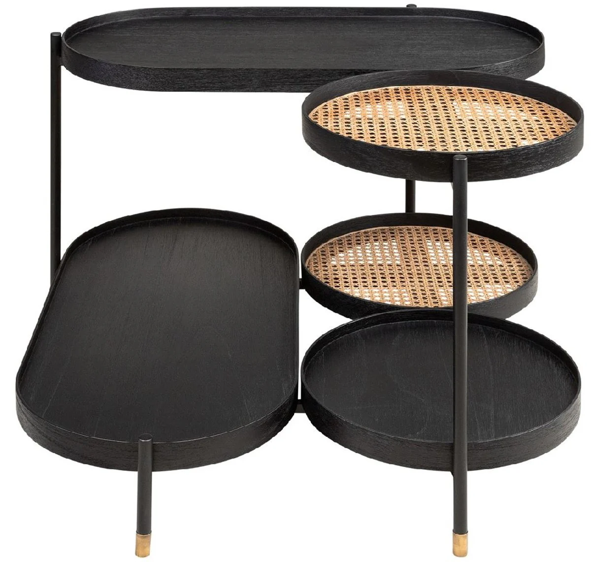 Luxus Couchtisch Schwarz / Naturfarben / Messing 82,8 x 83,5 x H. 53 cm - Mindiholz & Rattan Wohnzimmertisch mit Stahl Gestell - Wohnzimmer Möbel - Luxus Möbel - Luxus Einrichtung