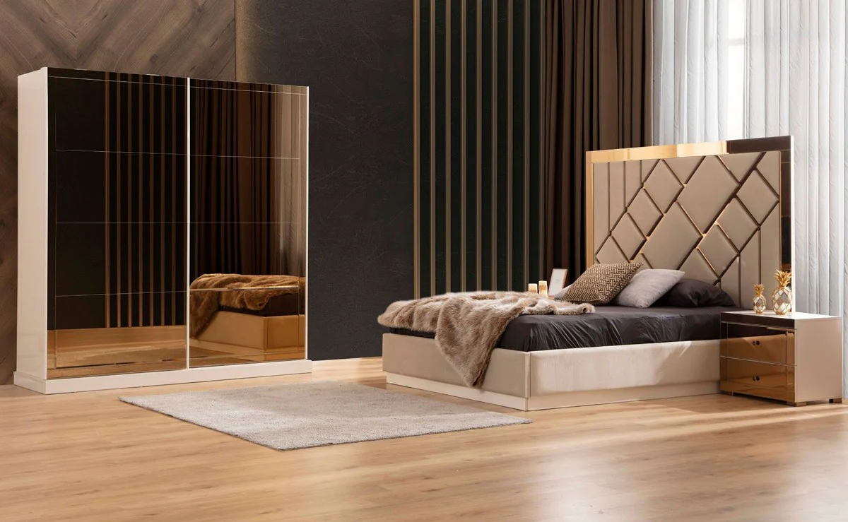 Luxus Schlafzimmerschrank Weiß / Gold 200 x 69 x H. 218 cm - Kleiderschrank mit 2 Schiebetüren - Schlafzimmer Möbel - Hotel Möbel - Luxus Möbel