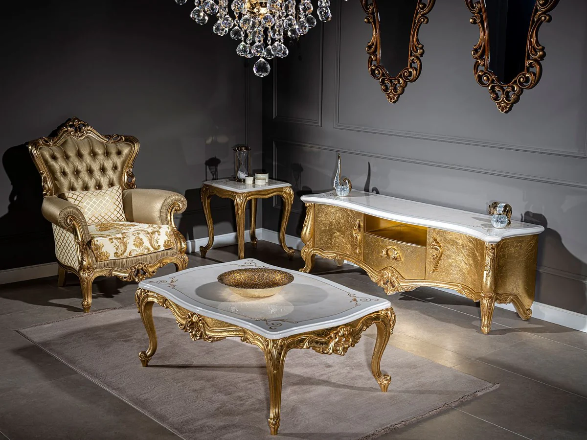 Luxus Barock Couchtisch Weiß / Beige / Gold 120 x 85 x H. 49 cm - Edler Massivholz Wohnzimmertisch im Barockstil - Prunkvolle Barock Möbel