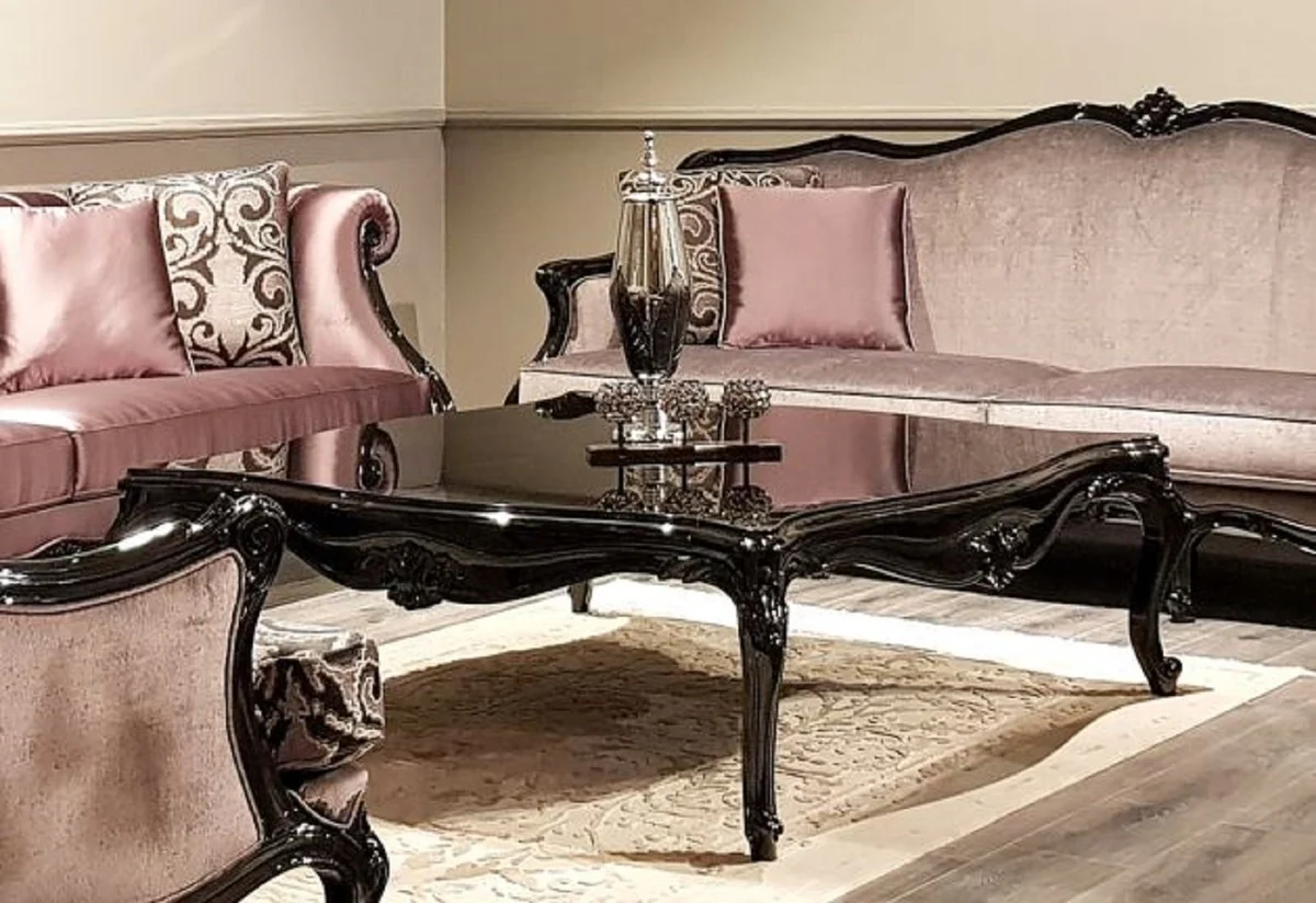 Luxus Barock Couchtisch Schwarz - Handgefertigter Massivholz Wohnzimmertisch - Barock Wohnzimmer Möbel - Edel & Prunkvoll
