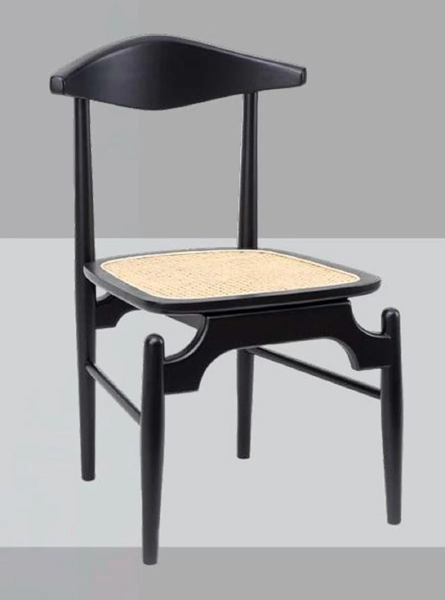 Luxus Esszimmerstuhl 6er Set Schwarz / Naturfarben 53 x 54 x H. 85 cm - Luxus Massivholz Küchen Stühle mit Rattan Sitzfläche - Esszimmer Möbel - Küchen Möbel - Luxus Möbel